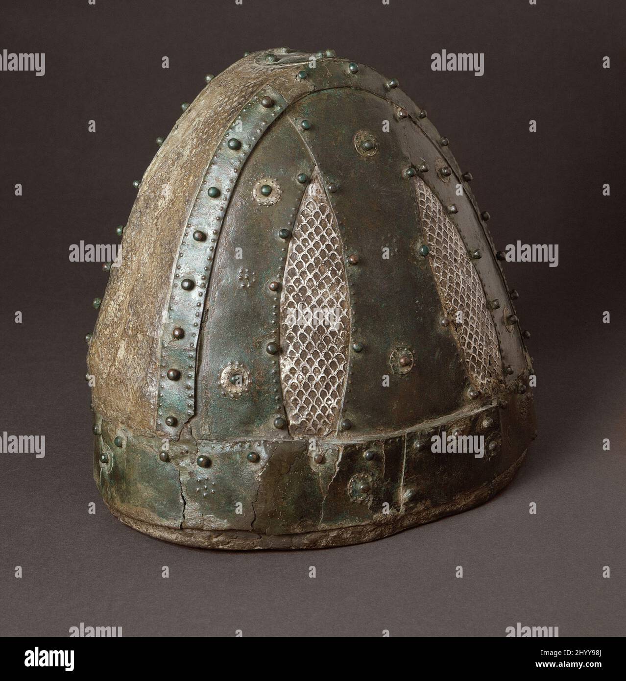 Helmet. Iran, 224651. Arms and Armor; armor. Bronze with silver and