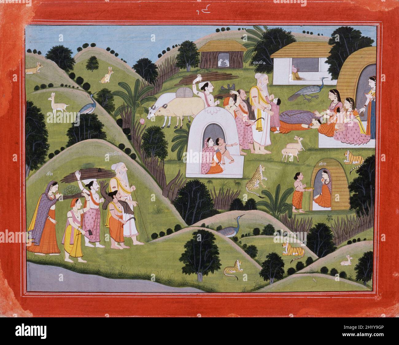 Hermitage of Valmiki, Folio from the 'Nadaun' Ramayana (Adventures of Rama). India, Himachal Pradesh, Kangra, circa 1820. Drawings; watercolors. Opaque watercolor, gold, and ink on paper Stock Photo