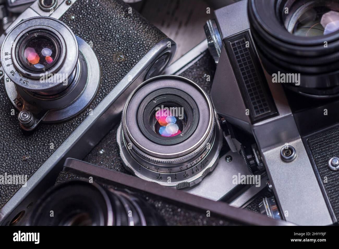 Old retro lens with lens flare among others. Collection Stock Photo Alamy