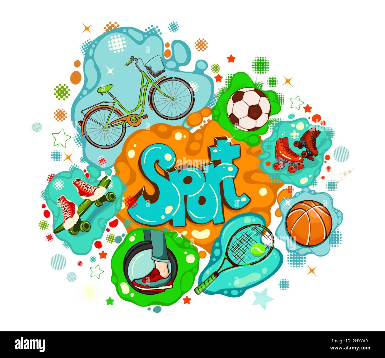 Sports text and sports equipment set. graffiti. Vector illustration Stock Vector