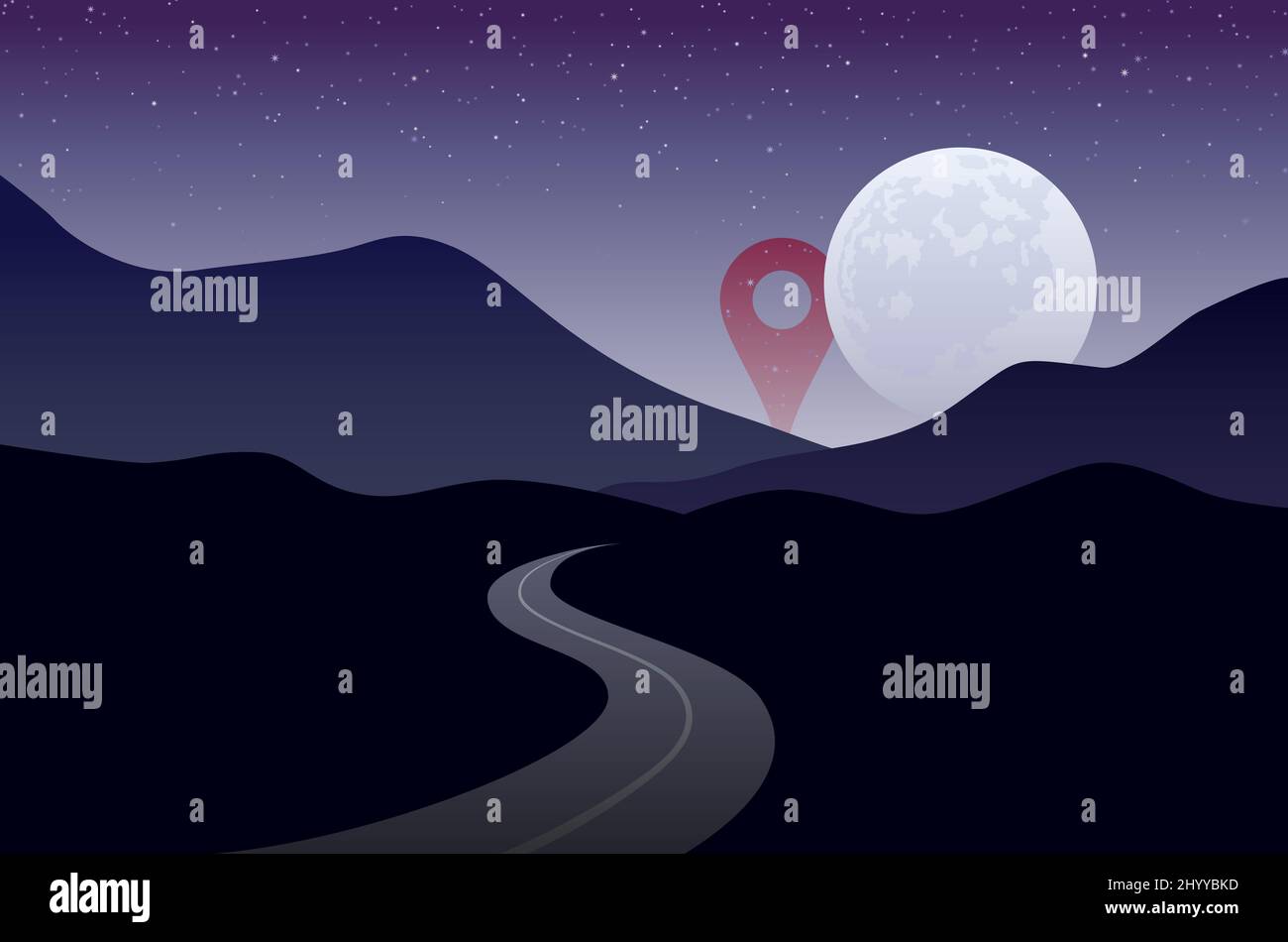 Impossible goal or destination, illustrated by putting map pin behind moon and stars, indicating it's beyond moon and stars, can't be reached by road Stock Photo