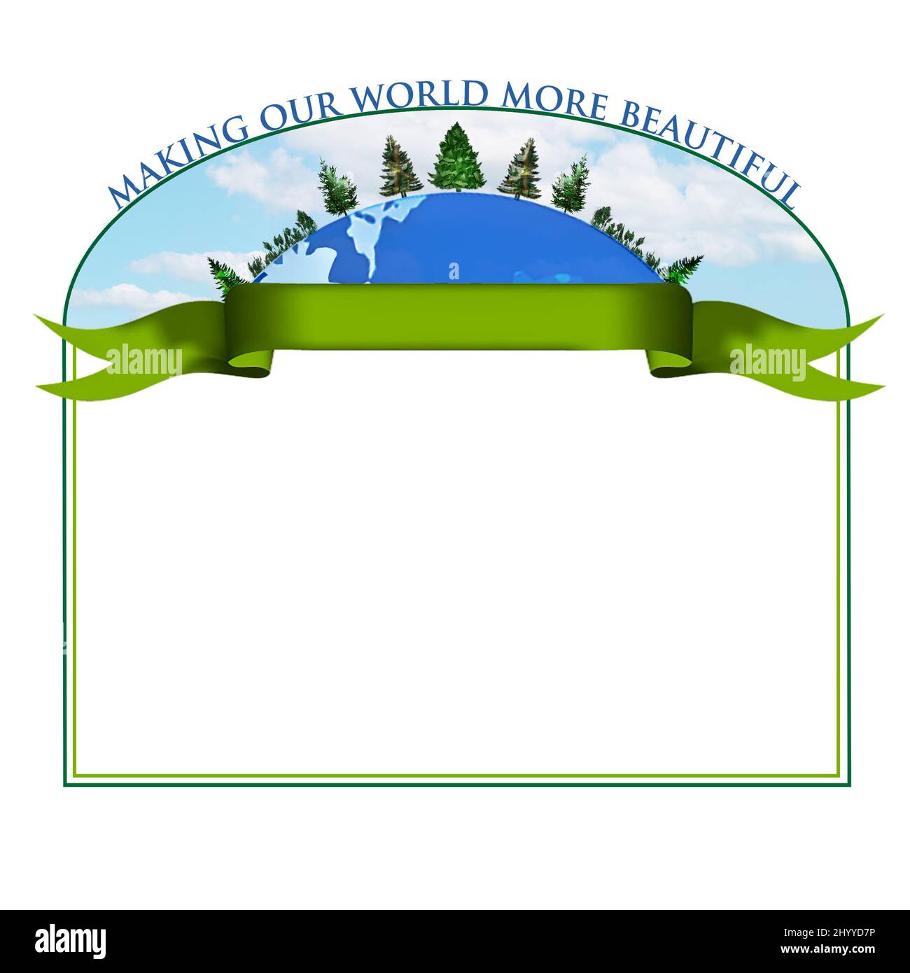 Environmental Background with Trees outlining partial world with Banner and below arch ready for your text. Ideal for advertisement for Landscaping Co. Stock Photo