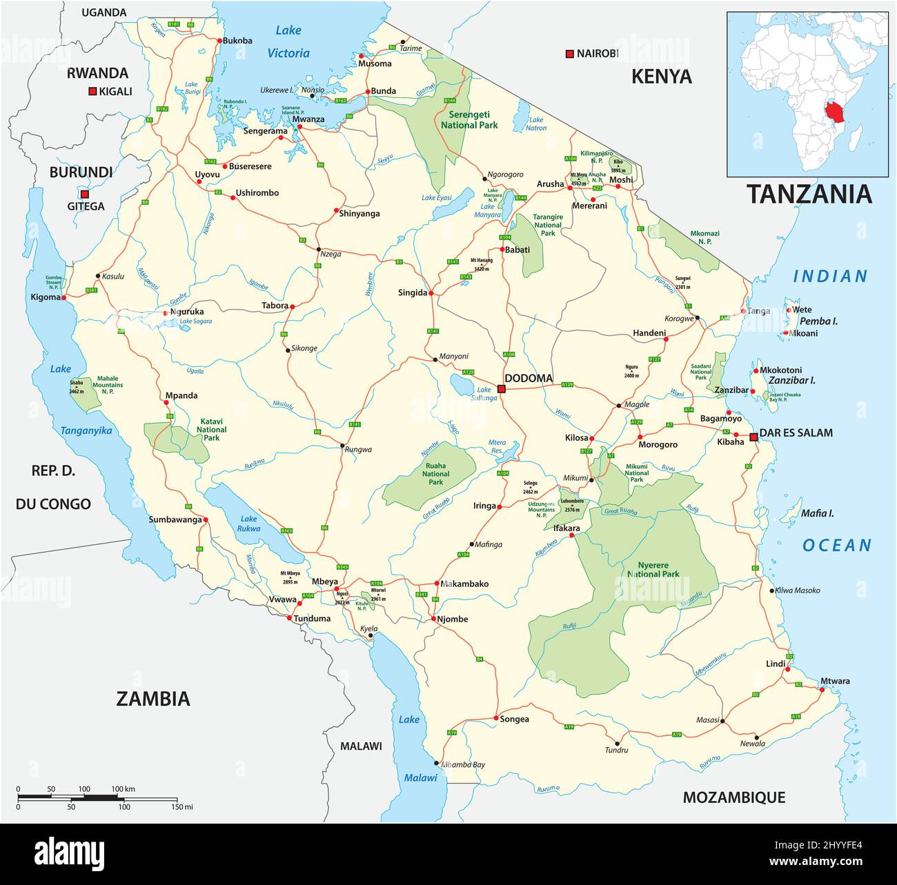 Roads and National Park Vector Map of Tanzania Stock Vector