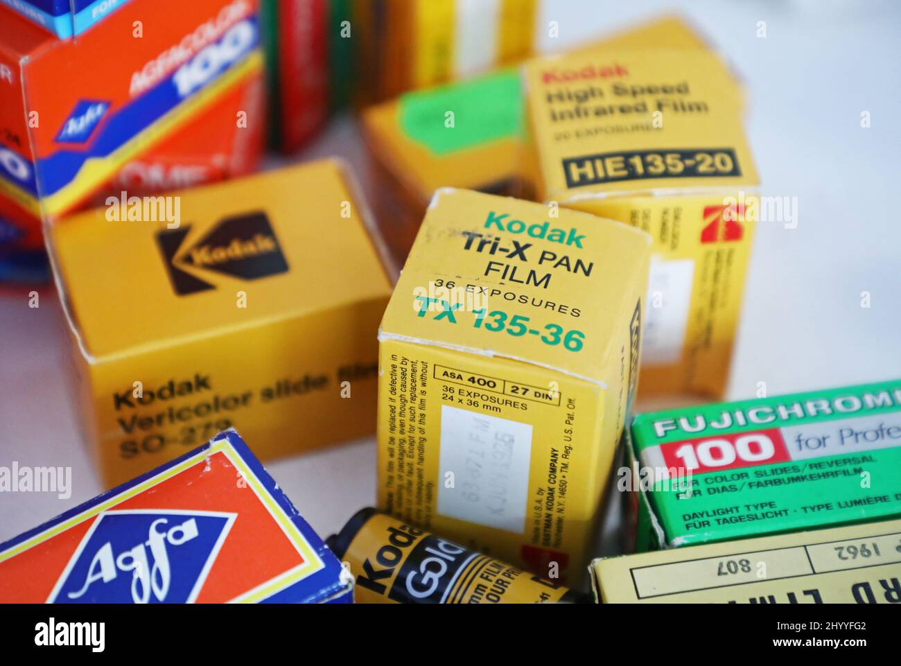 Kodak Tri X-pan, for black and white photos, at a camera museum, Vadstena, Sweden. Stock Photo