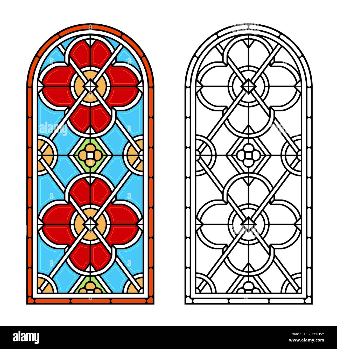 Arched vintage old window with stained glass Stock Vector