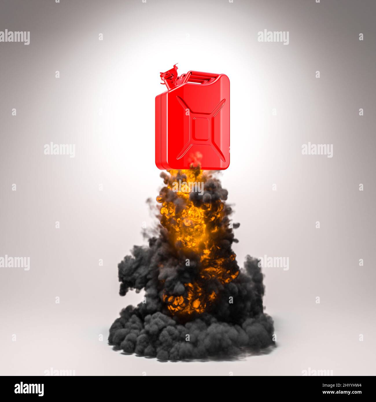 red gasoline can with fire and smoke, rising price concept. 3d render