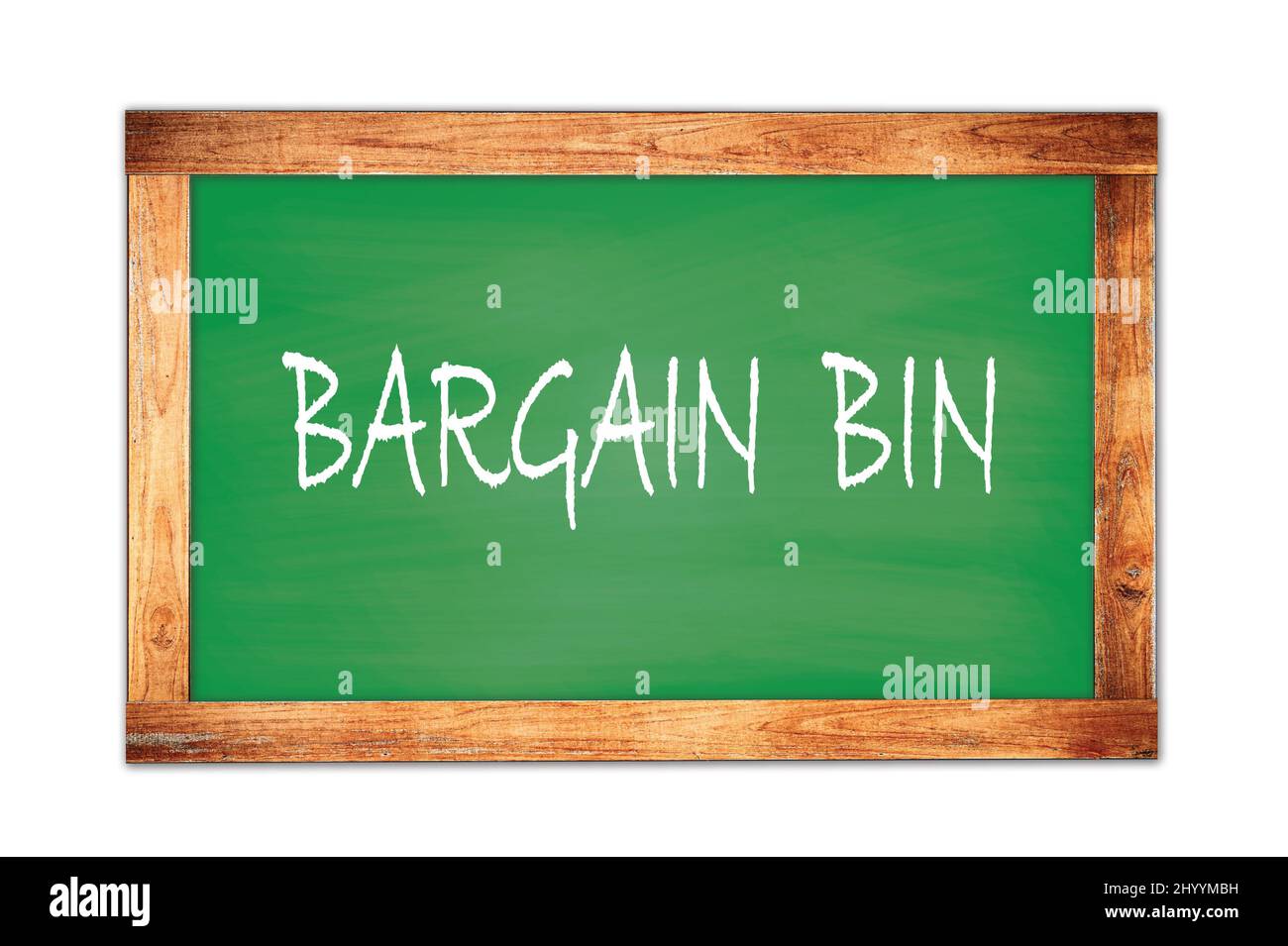 BARGAIN  BIN text written on green wooden frame school blackboard. Stock Photo