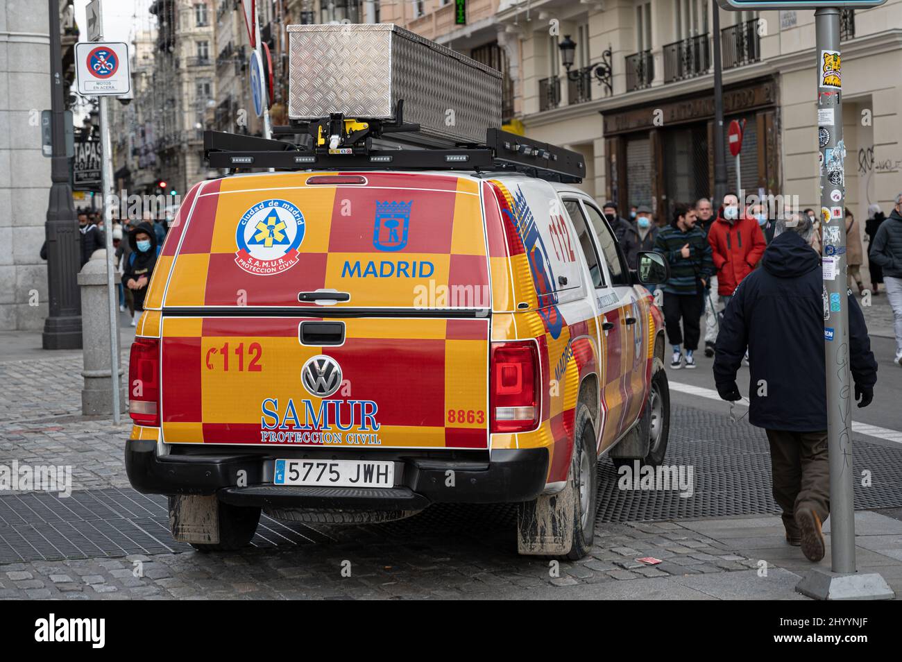 Shot of colorful Volkswagen Amarok civil protection with signs in