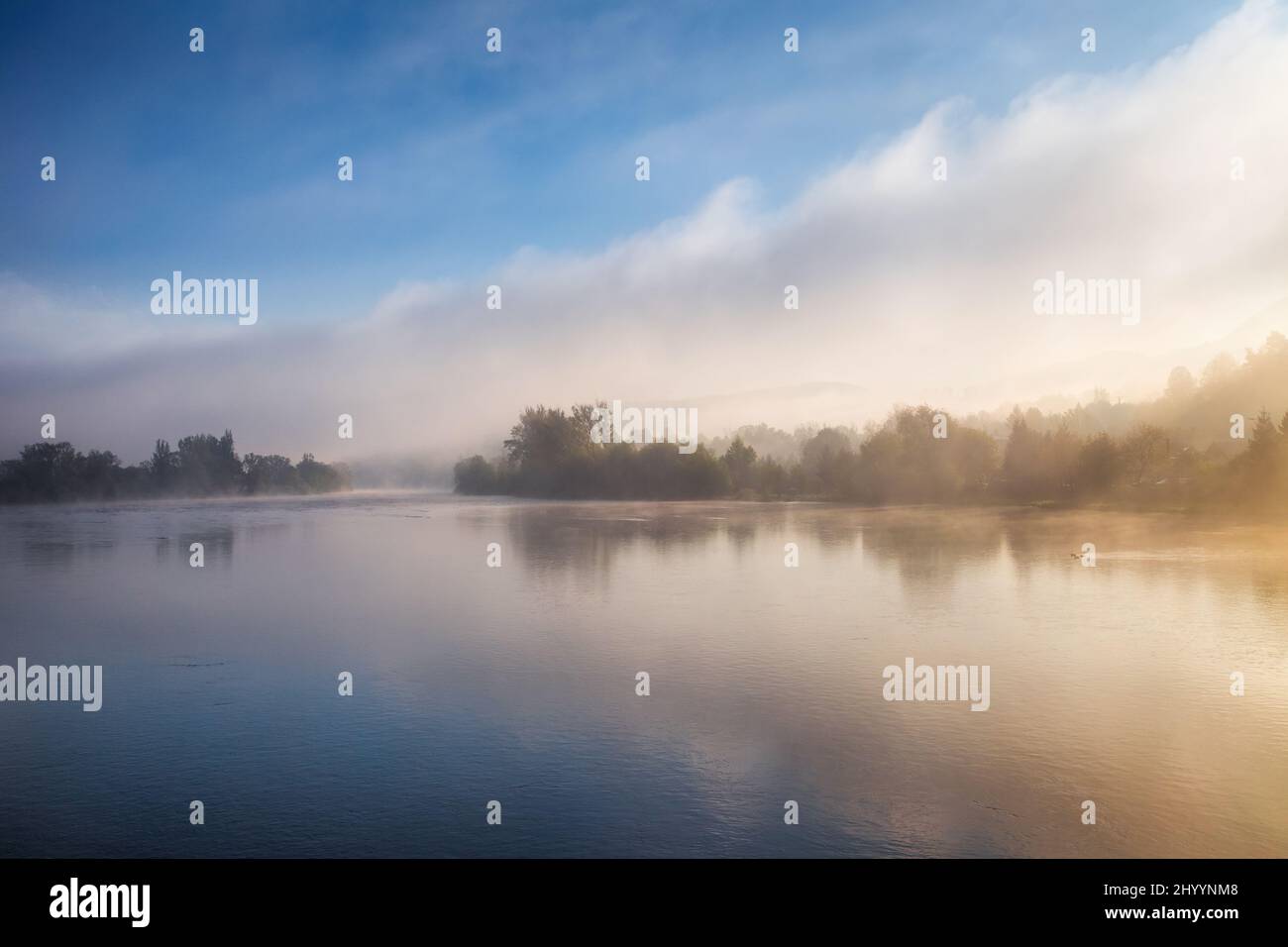 Landscape with a river in foggy morning. River Vah near Strecno village, Slovakia, Europe. Stock Photo