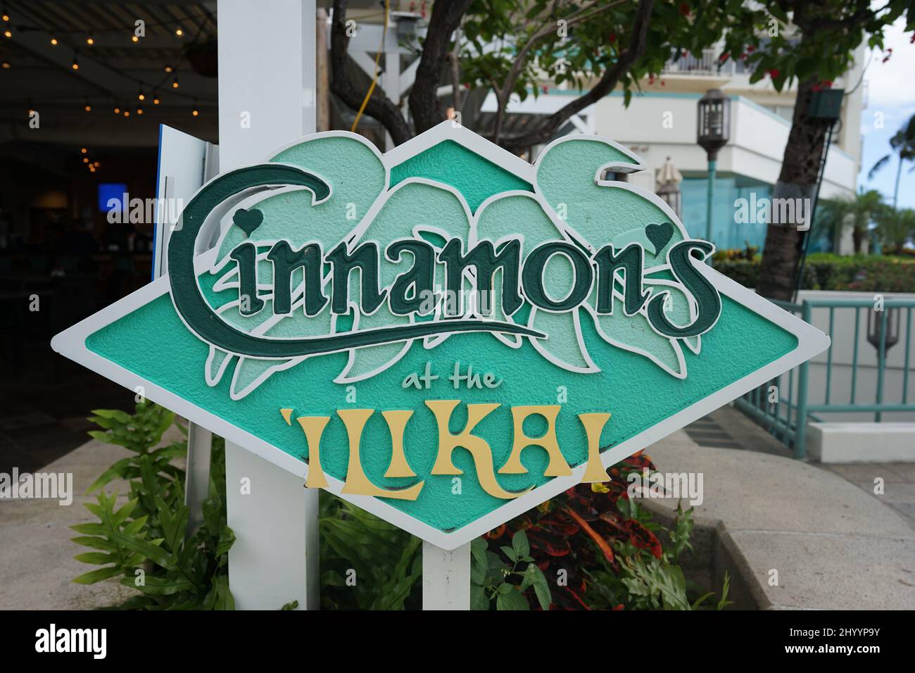 Signboard of Cinnamon's ILIKAI restaurant at the hotel in Waikiki Beach