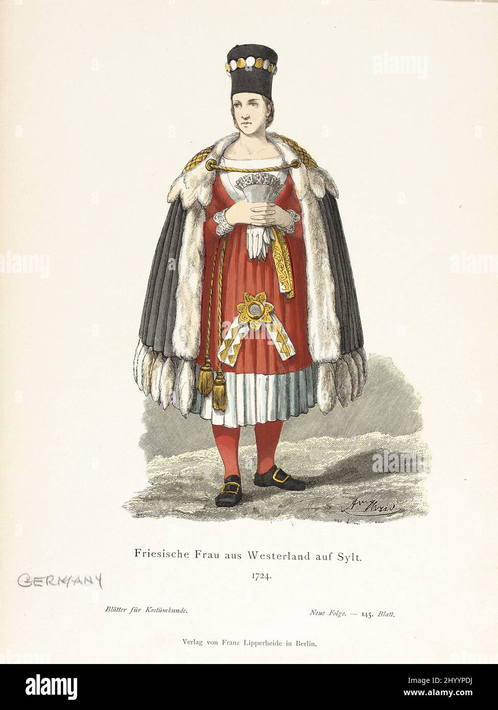Costume Plate (Friesische Frau aus Westerland auf Sylt). Germany, Berlin, 19th century. Prints; lithographs. Lithograph on paper Stock Photo