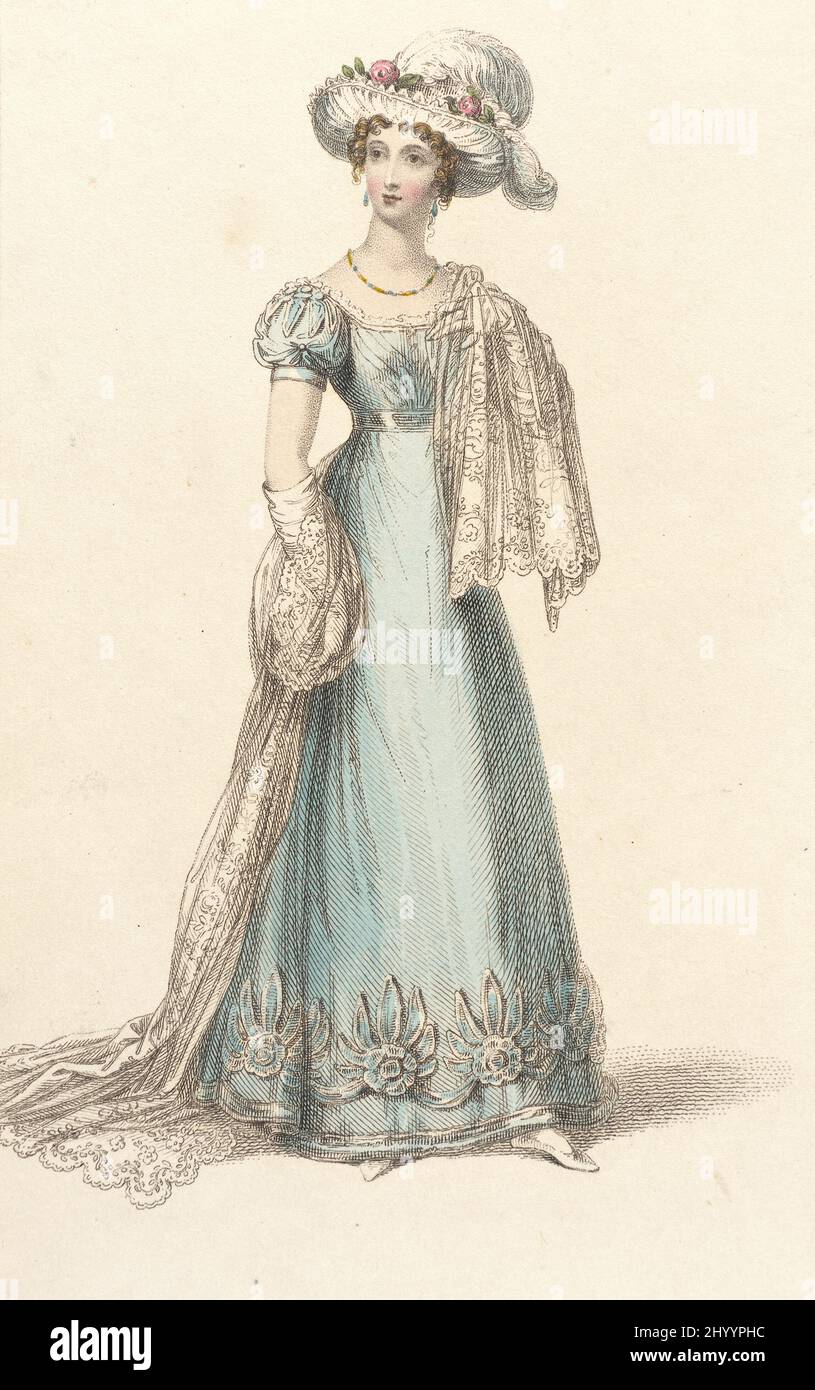 Fashion Plate, ‘Dinner Dress’ for ‘The Repository of Arts’. Rudolph Ackermann (England, London, 1764-1834). England, London, May 1, 1824. Prints; engravings. Hand-colored engraving on paper Stock Photo