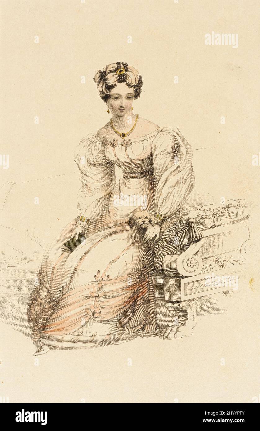 Fashion Plate, ‘Evening Dress’ for ‘The Repository of Arts’. Rudolph Ackermann (England, London, 1764-1834). England, London, February 1, 1826. Prints; engravings. Hand-colored engraving on paper Stock Photo