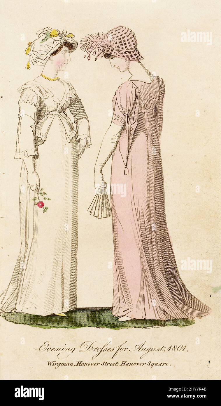 Fashion Plate, 'Evening Dresses for August, 1801' for 'Lady's Monthly Magazine'. England, London, 1801. Prints; etchings. Hand-colored etching on paper Stock Photo - Alamy Fashion Plate, 'Evening Dresses for August, 1801' for 'Lady's Monthly Magazine'. England, London, 1801. Prints; etchings. Hand-colored etching on paper Stock Photo - Alamy