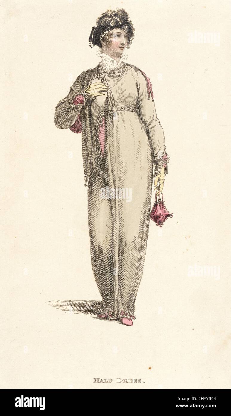 Fashion Plate, 'Half Dress' for 'The Repository of Arts'. Rudolph Ackermann (England, London, 1764-1834). England, London, January 1, 1812. Prints; engravings. Hand-colored engraving on paper Stock Photo