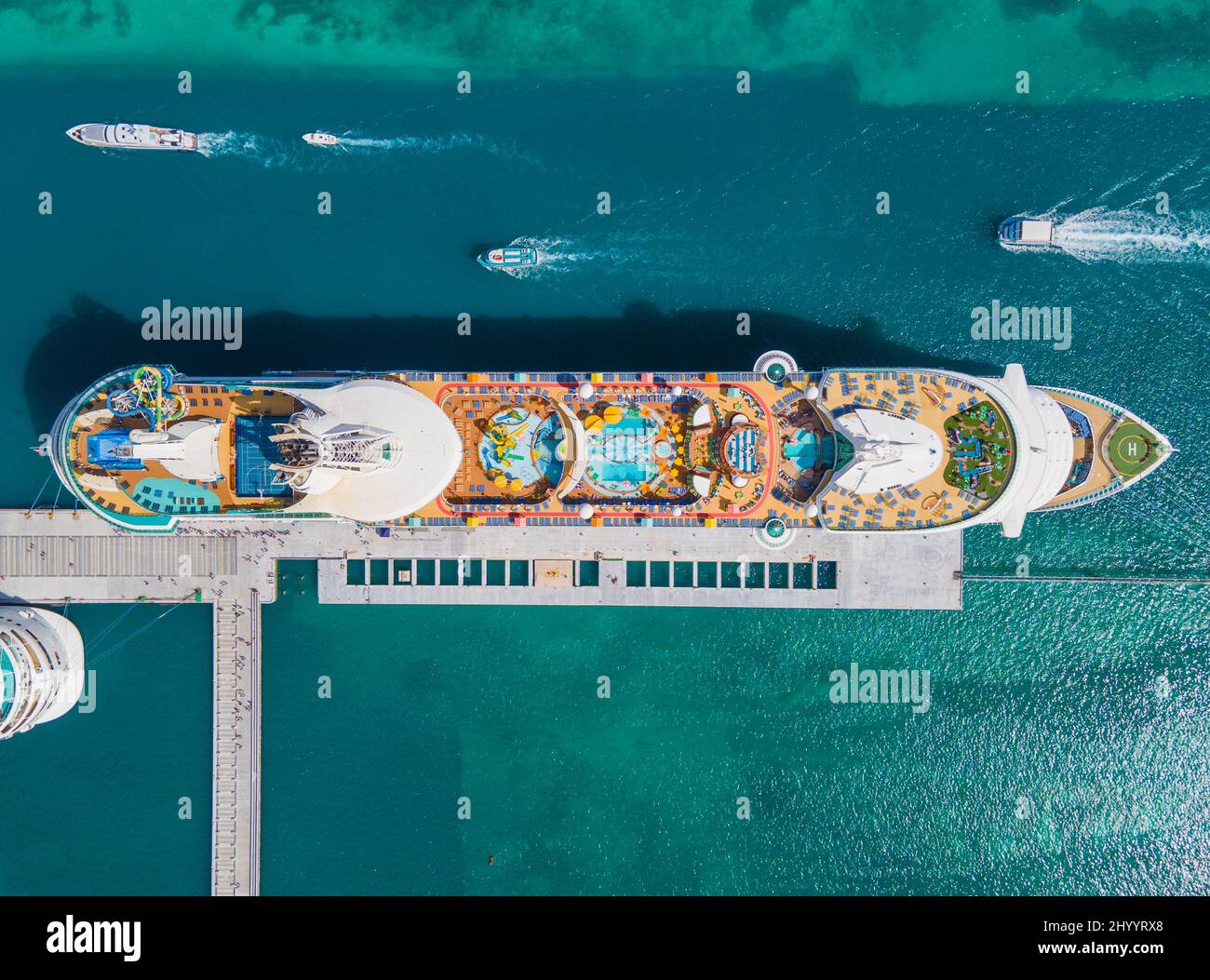 Top view of cruise ship docked at Cruise Port in Nassau Harbour, Nassau