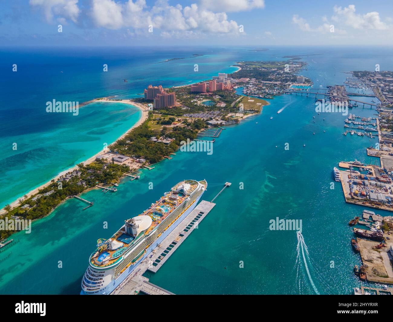 Aerial view of Nassau Harbour with Atlantis Hotel on Paradise Island on