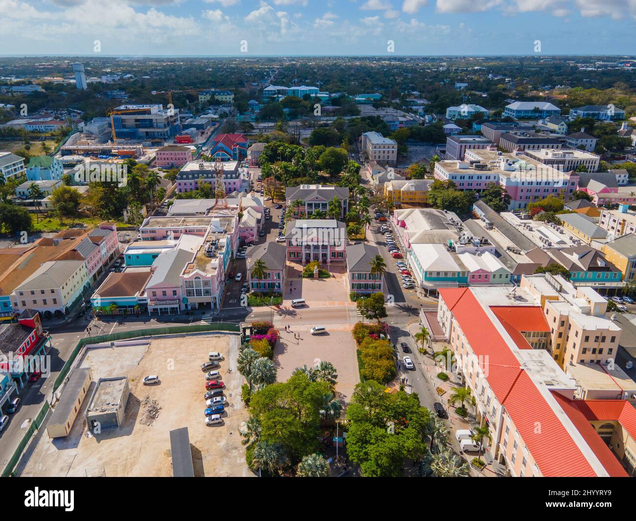Bahamian Parliament building aerial view on Bay Street in downtown