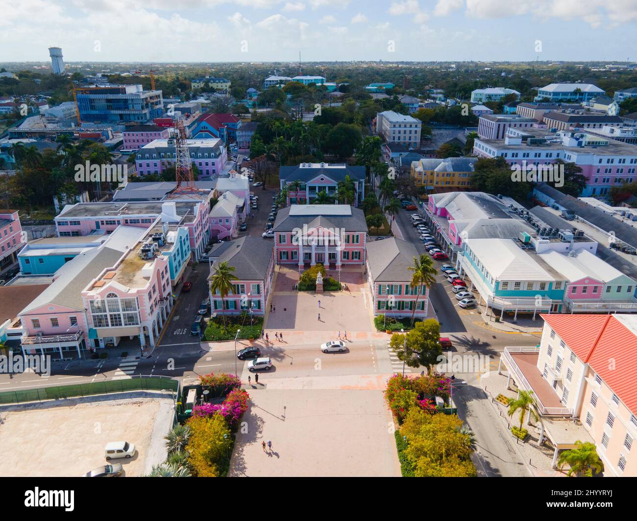 Bahamian Parliament building aerial view on Bay Street in downtown