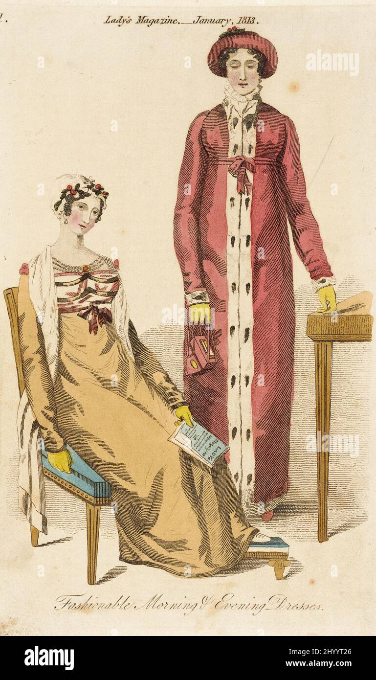 Fashion Plate, 'Fashionable Morning and Evening Dresses' for 'Lady's Magazine'. England, London, January 1813. Prints; engravings. Hand-colored engraving on paper Stock Photo - Alamy Fashion Plate, 'Fashionable Morning and Evening Dresses' for 'Lady's Magazine'. England, London, January 1813. Prints; engravings. Hand-colored engraving on paper Stock Photo - Alamy