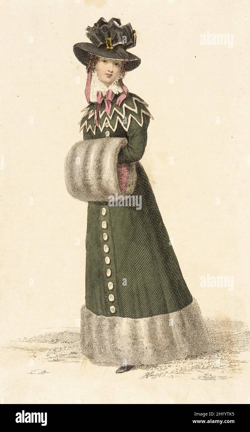 Fashion Plate, 'Promenade Dress' for 'The Repository of Arts'. Rudolph Ackermann (England, London, 1764-1834). England, London, January 1, 1826. Prints; engravings. Hand-colored engraving on paper Stock Photo