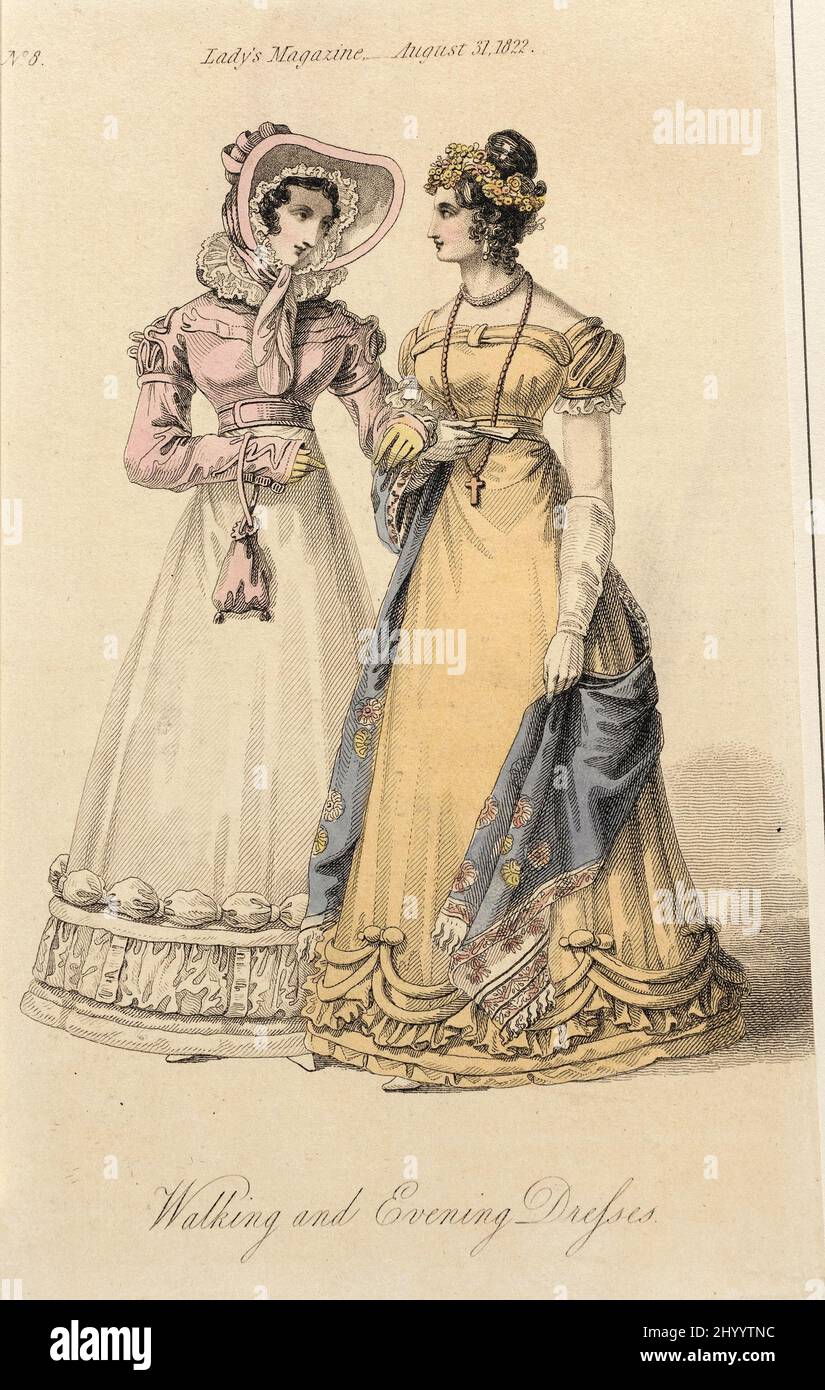 Fashion Plate, 'Walking and Evening Dresses' for 'Lady's Magazine'. England, London, August 31, 1822. Prints; engravings. Hand-colored engraving on paper Stock Photo - Alamy Fashion Plate, 'Walking and Evening Dresses' for 'Lady's Magazine'. England, London, August 31, 1822. Prints; engravings. Hand-colored engraving on paper Stock Photo - Alamy