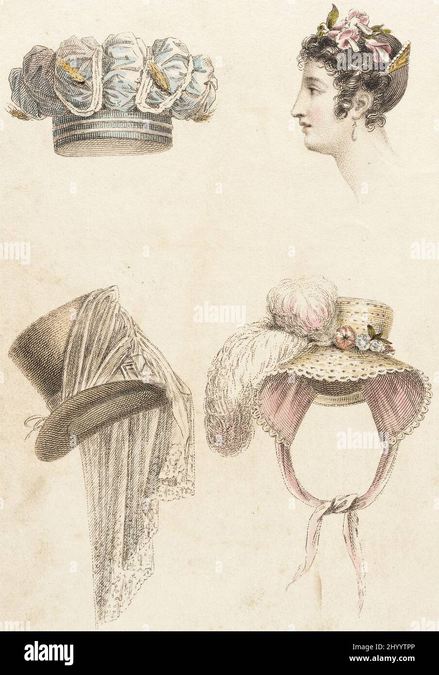 Fashion Plate, 'Head Dresses' for 'The Repository of Arts'. Rudolph Ackermann (England, London, 1764-1834). England, London, November 1, 1823. Prints; engravings. Hand-colored engraving on paper Stock Photo