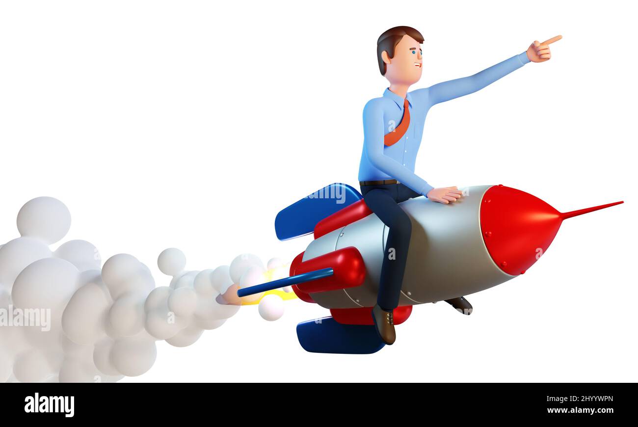 3d businessman is flying on a rocket. Startup project concept Stock ...