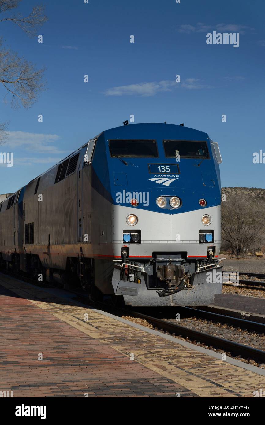 An Amtrak Southwest Chief passenger train arrives at the Amtrak station in Lamy, New Mexico, to pick up passengers headed west to Los Angeles. Stock Photo