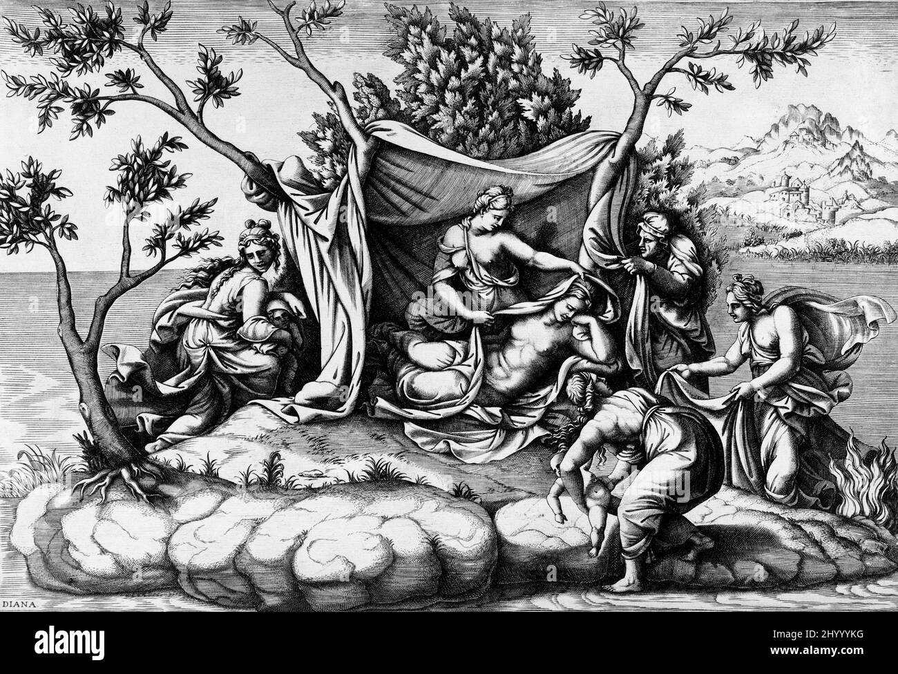 The Birth of Apollo and Diana. Diana Scultori (Italy, Mantua, before 1530-after 1588). Italy, before 1575. Prints; engravings. Engraving Stock Photo