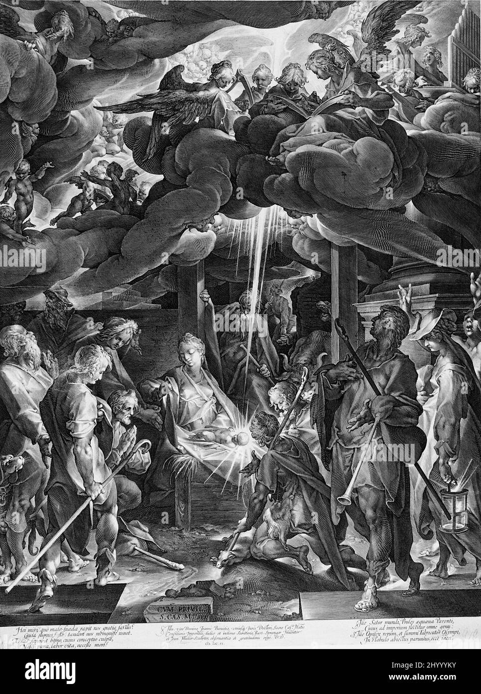 The Adoration of the Shepherds. Jan Harmensz. Muller (Holland, Amsterdam, 1571-1628)Bartholomeus Spranger (after) (Flanders, Antwerp, 1546-1611). Holland, 1606. Prints; engravings. Engraving Stock Photo
