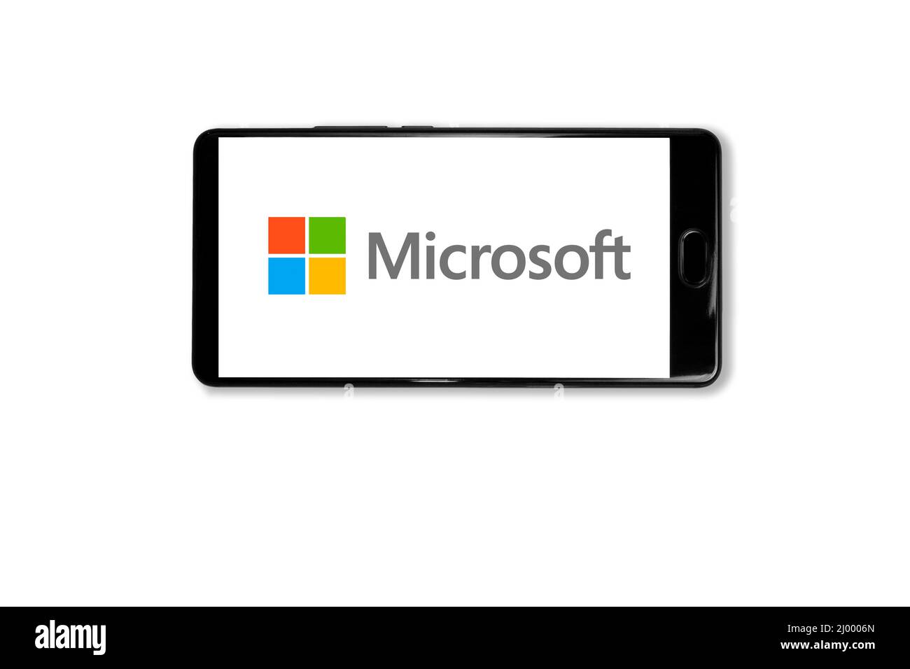 Kostanay, Kazakhstan, March 15, 2022.Mobile phone with Microsoft logo on screen.Shot in studio on white background Stock Photo