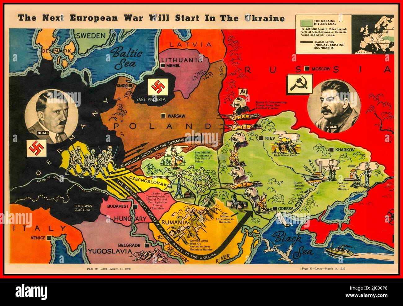 UKRAINE 1939 Vintage propaganda map of Ukraine, Eastern Europe, Baltic States, RUSSIA USSR, with portraits of Stalin and Hitler. Prophetic title from ' LOOK ' magazine double page spread titled ' THE NEXT EUROPEAN WAR WILL START IN THE UKRAINE' March 14th 1939 With explanatory captions regarding potential targets for conflict. Stock Photo