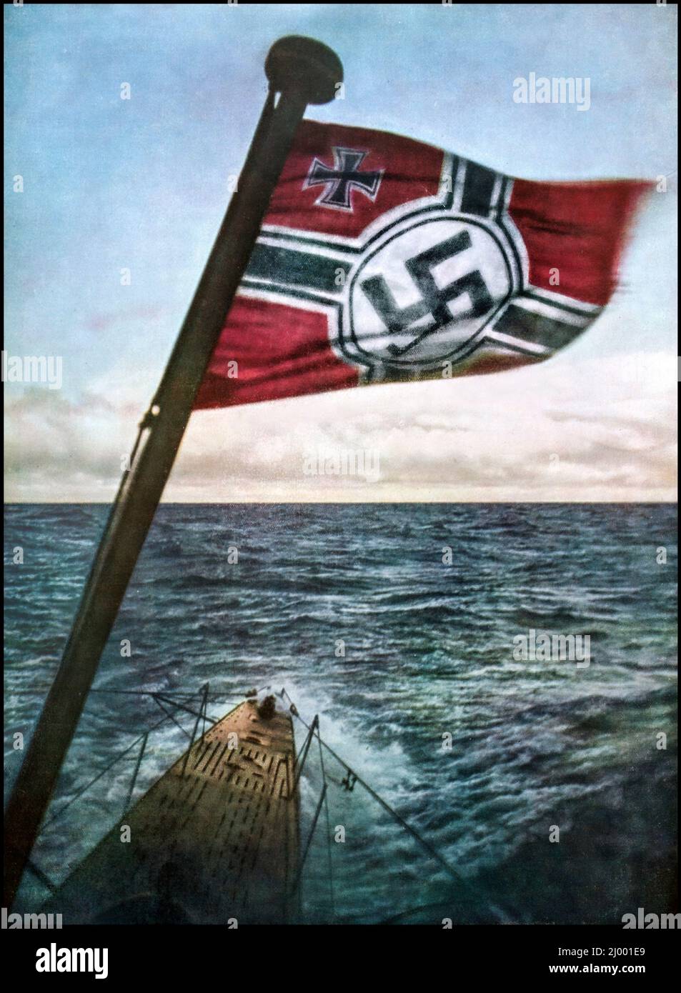 NAZI U-Boat Kriegsmarine Swastika flying on a German submarine in the North Atlantic, 1941. A cover image from the Nazi propaganda magazine Signal,  Signal was a Nazi Germany propaganda magazine published by the Third Reich from 1940 through 1945 WW2 World War II Stock Photo