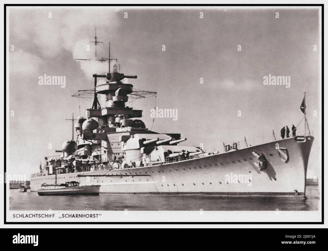 SCHARNHORST WW2 Nazi Kreigsmarine German Capital Class schlachtschiff Battleship  In early 1943, Scharnhorst joined the Bismarck-class battleship Tirpitz in Norway to interdict Allied convoys to Soviet Union. Scharnhorst and several destroyers sortied from Norway to attack a convoy, but British naval patrols intercepted the German force. During the Battle of the North Cape (26 December 1943), the Royal Navy HMS Duke of York sank Scharnhorst. Only 36 men survived, out of a crew of 1,968. Stock Photo