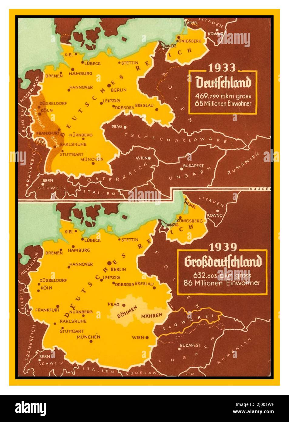 MAP Nazi Germany 1930s Vintage Nazi Propaganda Card Map illustrating (top) 1933 Germany and (bottom) 1939 Greater Germany, with the annexation of Austria and the occupation of Czechoslovakia  German Nazi Reich 1939 under Adolf Hitler German Reich / Nazi Germany (1933-1945) Stock Photo