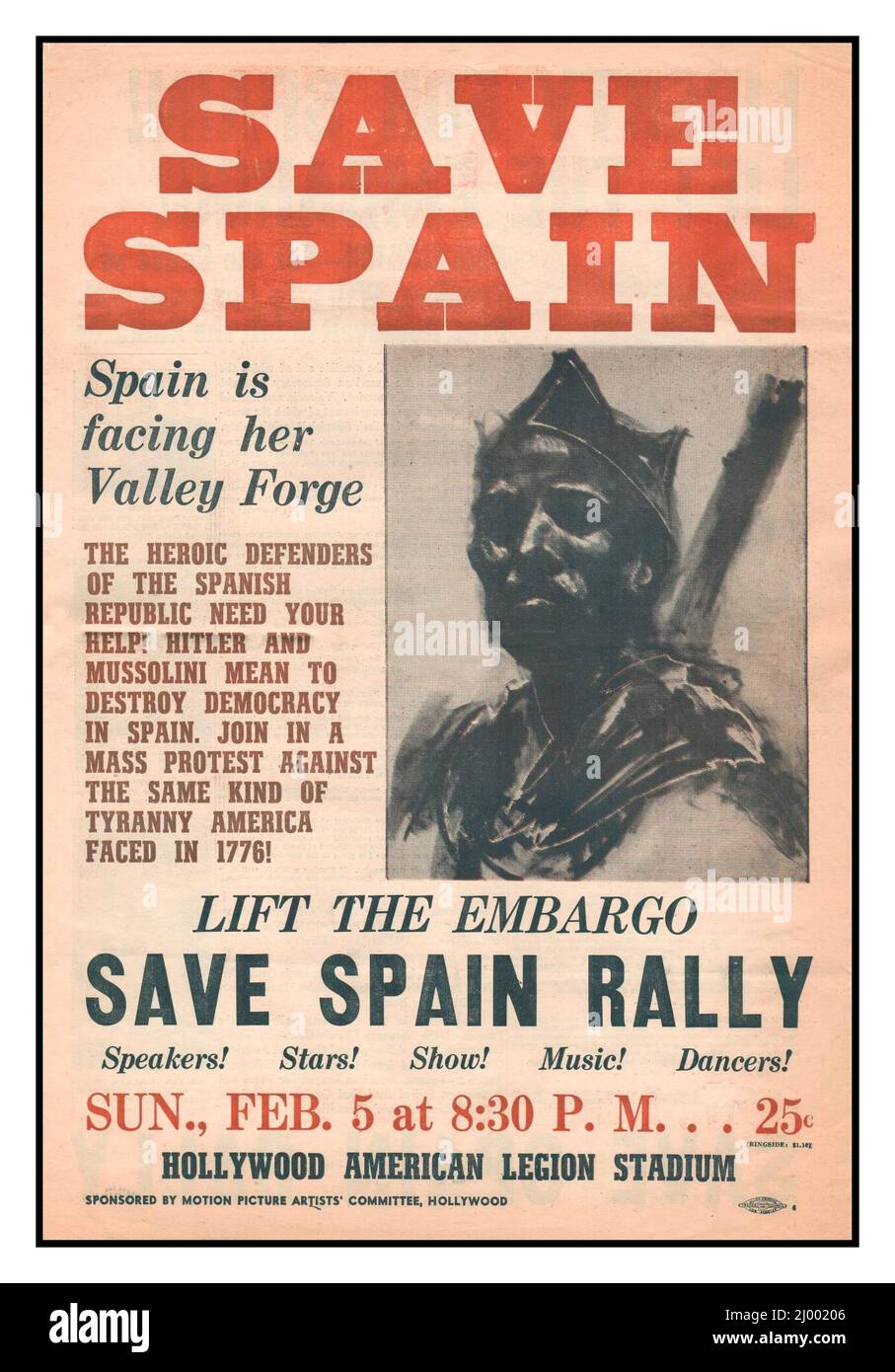 SPANISH CIVIL WAR Newpaper article 'Spain is Facing Her Valley Forge” America USA, 1930s German involvement in the Spanish Civil War commenced with the outbreak of the civil war in July 1936, with Adolf Hitler immediately sending in powerful air and armored units to assist General Francisco Franco and his Nationalist forces. The Soviet Union sent in smaller forces but a lot of modern weapons to assist the Republican government . Britain and France and two dozen other countries set up an embargo on any munitions or soldiers into Spain. Nazi Germany also signed the embargo but simply ignored it. Stock Photo