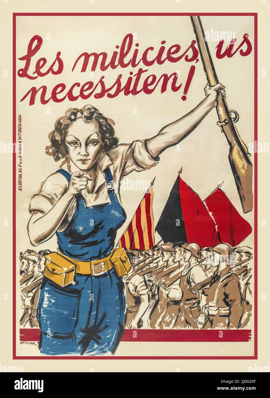 Spanish Civil War Propaganda Recruitment Appeal Poster 'The Militia Needs You!', Spanish Republican Poster for Civil War represented by working class Spanish people fighting against the combined forces of General Franco, Mussolini and Hitler  (1936) Stock Photo