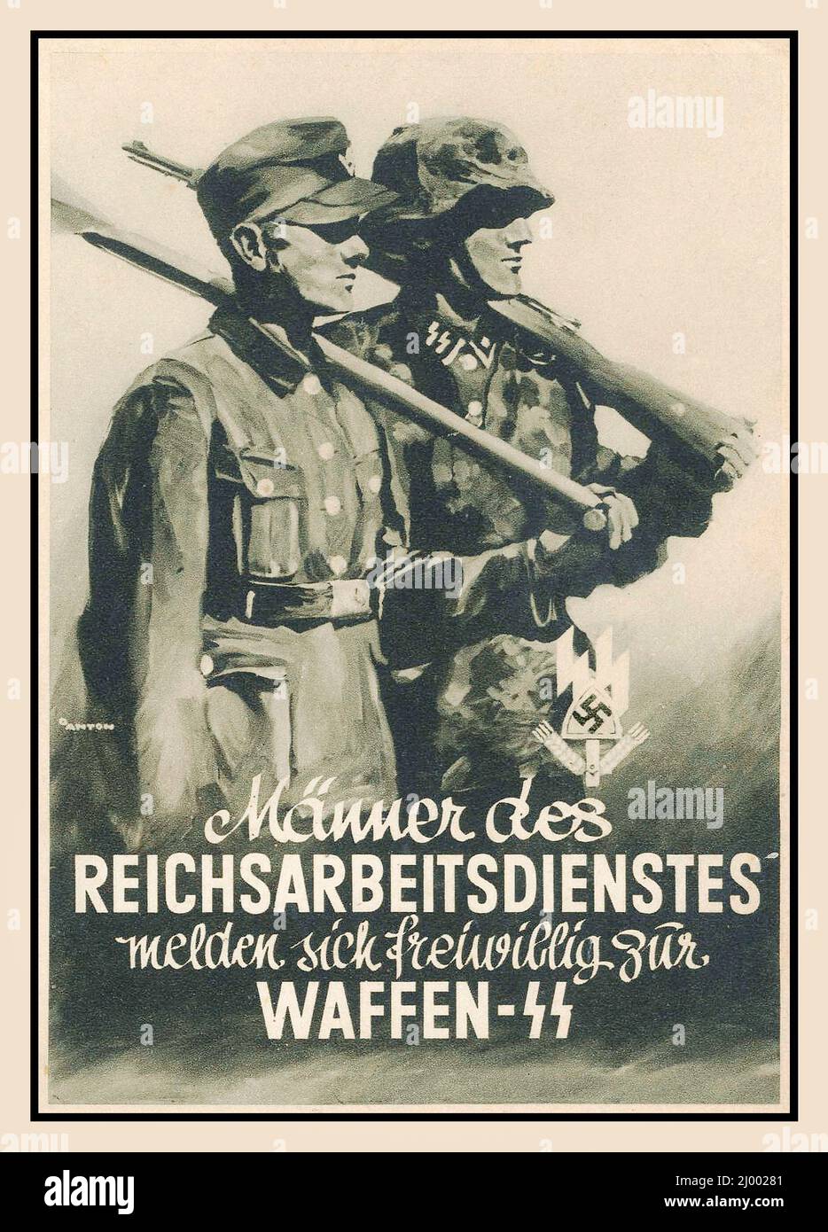 WAFFEN SS 1942 Nazi Vintage Poster Propaganda Recruitment German male volunteers working in service voluntarily to the Nazi Waffen SS 1942 MÄNNER DES REICHSARBEITSDIENSTES MELDEN SICH FREIWILLIG ZUR WAFFEN-SS World War II Second World War WW2 Stock Photo