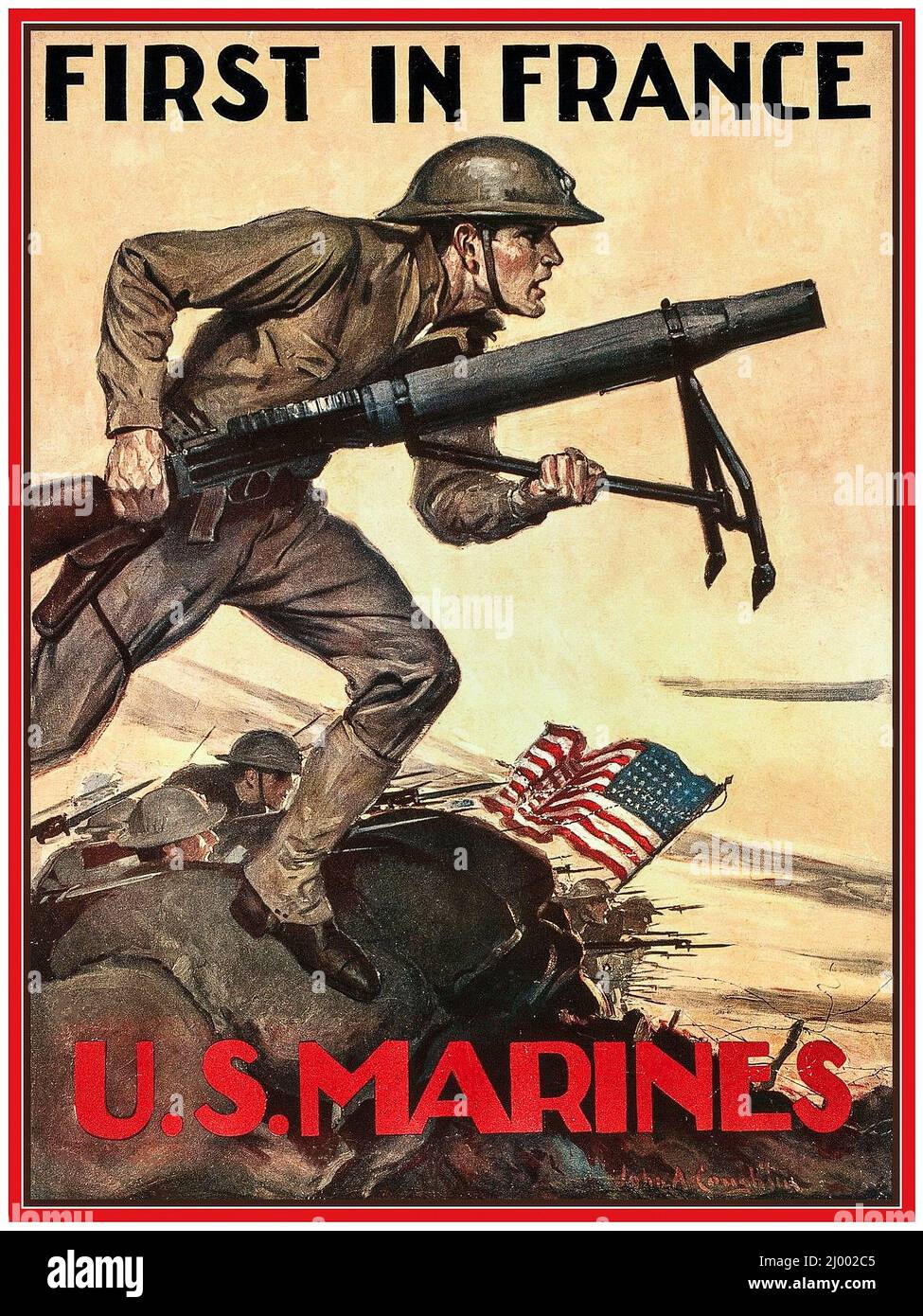 WW1 1915 American USA Propaganda Poster with US Marine soldier carrying a rifle going 'over the top' at sunrise with stars and stripes flag and fellow marines soldiers behind 'FIRST IN FRANCE' 'US MARINES First World War World War 1 Stock Photo