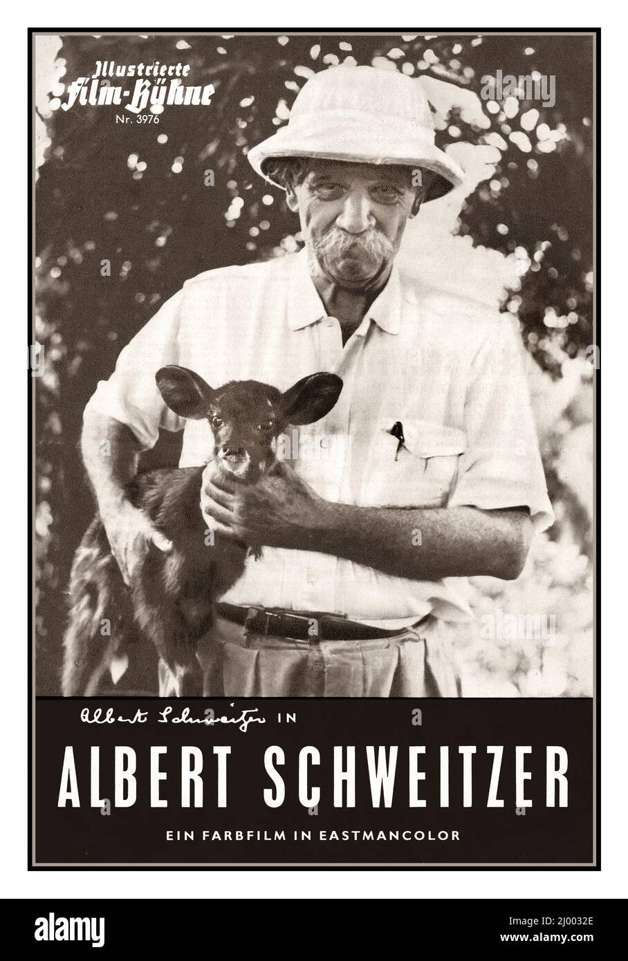 Albert Schweitzer film promo signed poster card promoting 1957 film ' Albert Schweitzer',  Albert Schweitzer is a 1957 American biographical documentary about Albert Schweitzer directed by Jerome Hill. It won the Academy Award for Best Documentary Feature for 1958 Alsatian medical missionary and theologian, philosopher and musician (1875-1965) Film directed by Jerome Hill and filmed by Erica Anderson. Directed by Jerome Hill Written byAlbert Schweitzer Thomas Bruce Morgan Produced by Jerome Hill  Narrated by Fredric March Burgess Meredith Cinematography Erica Anderson Edited by Luke Bennett Stock Photo