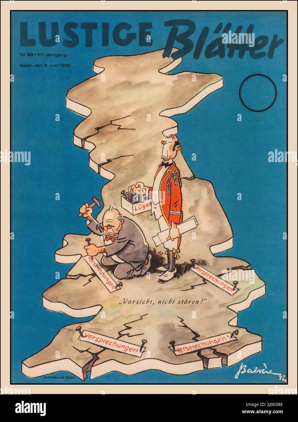 Nazi Germany 1942 WW2 Propaganda Colour illustration of Prime Minister Winston Churchill shown patching up the British Isles with patches titled 'promises'. Main Title 'Caution do not disturb'  World War II Second World War Berlin Nazi Germany Stock Photo