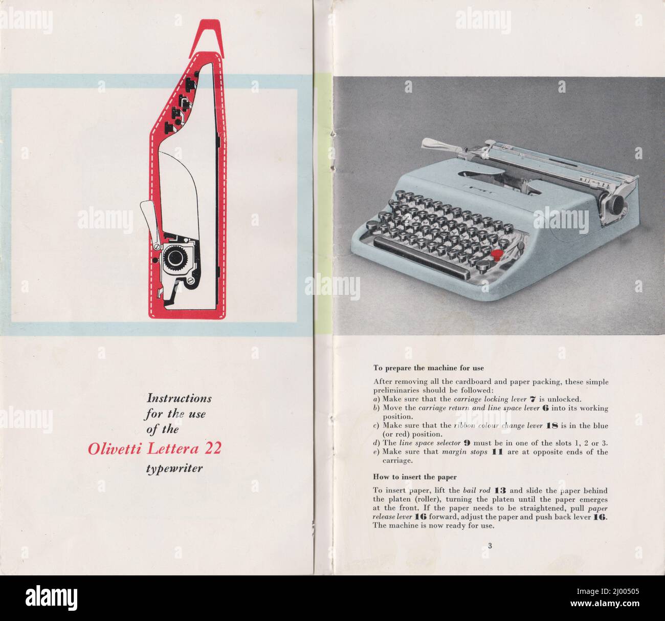 Olivetti Lettera 22 Typewriter Instruction Manual and Typing Guide (1950-1962) Stock Photo