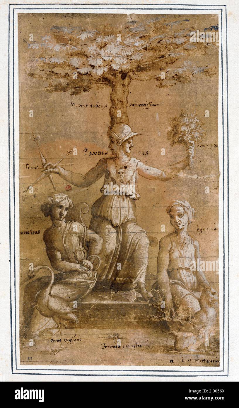 An Allegory of Prudence. Baldassare Peruzzi (Italy, Siena, 1481-1536). Italy, circa 1518-1520. Drawings. Pen and brown ink and brown wash, heightened with white, squared for transfer on pink prepared paper Stock Photo