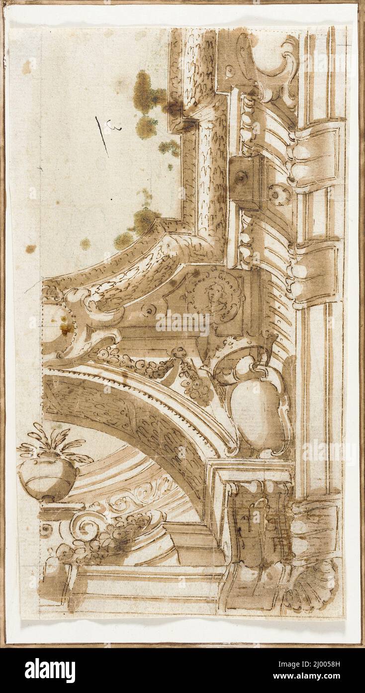 Study for a Ceiling Quadratura Frame. Italy, Bologna, 17th century. Drawings. Pen and brown ink and brown and green wash Stock Photo