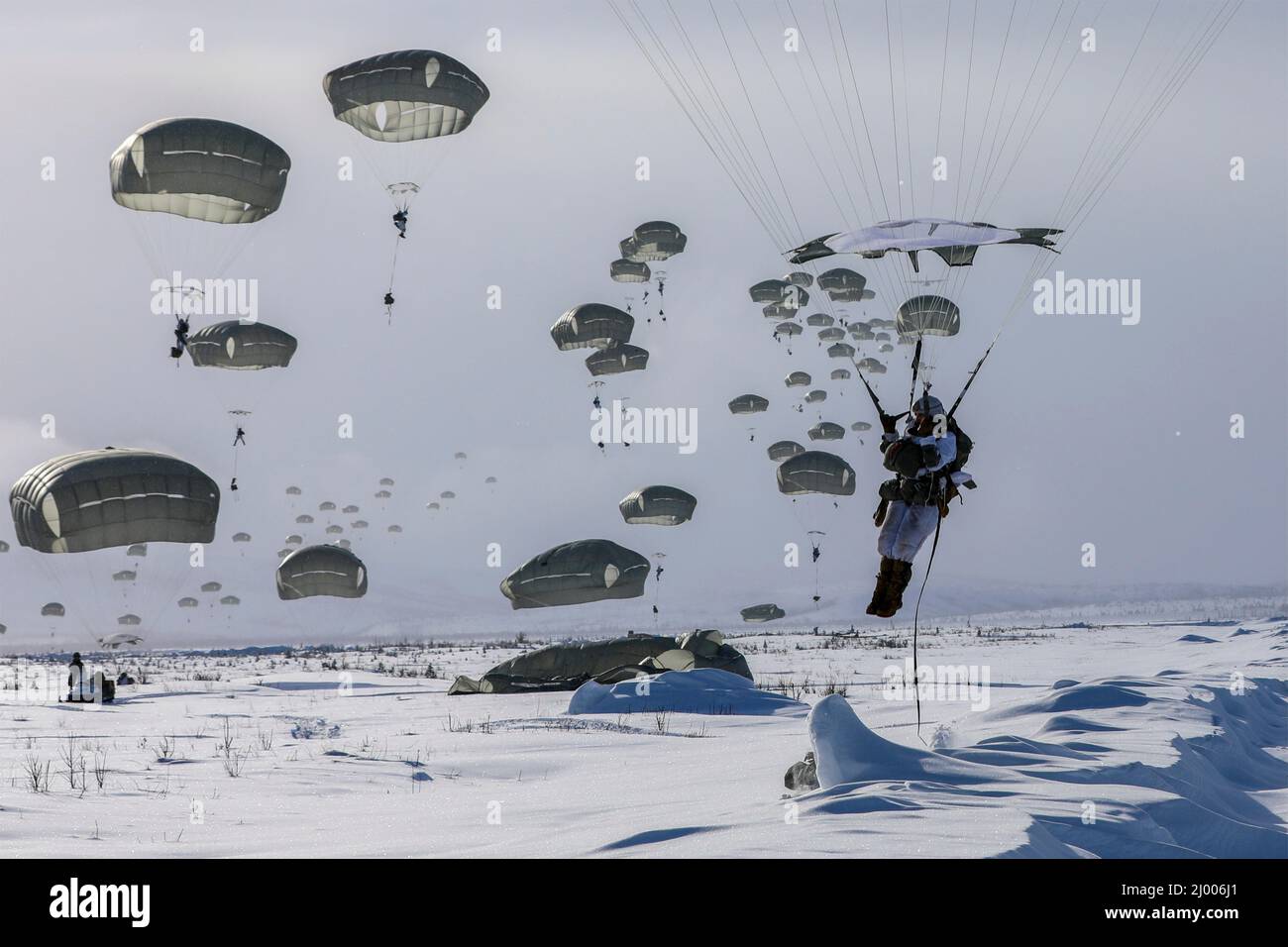 Fort Greely, United States. 11 March, 2022. Canadian and U.S. Army paratroopers parachute during a Joint Forcible Entry Operation part of Exercise Arctic Edge at the Donnelly Drop Zone March 11, 2022 in Fort Greely, Alaska.  Credit: Maj. Jason Welch/U.S. Army/Alamy Live News Stock Photo