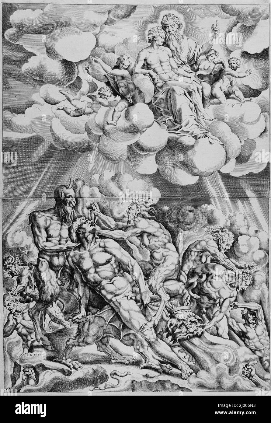 Lazarus in Heaven and the Rich Man in Hell. Cornelis Bos (Flanders, Hertogenbosch, circa 1510-before 1556). Holland, 1547. Prints; engravings. Engraving from two plates Stock Photo