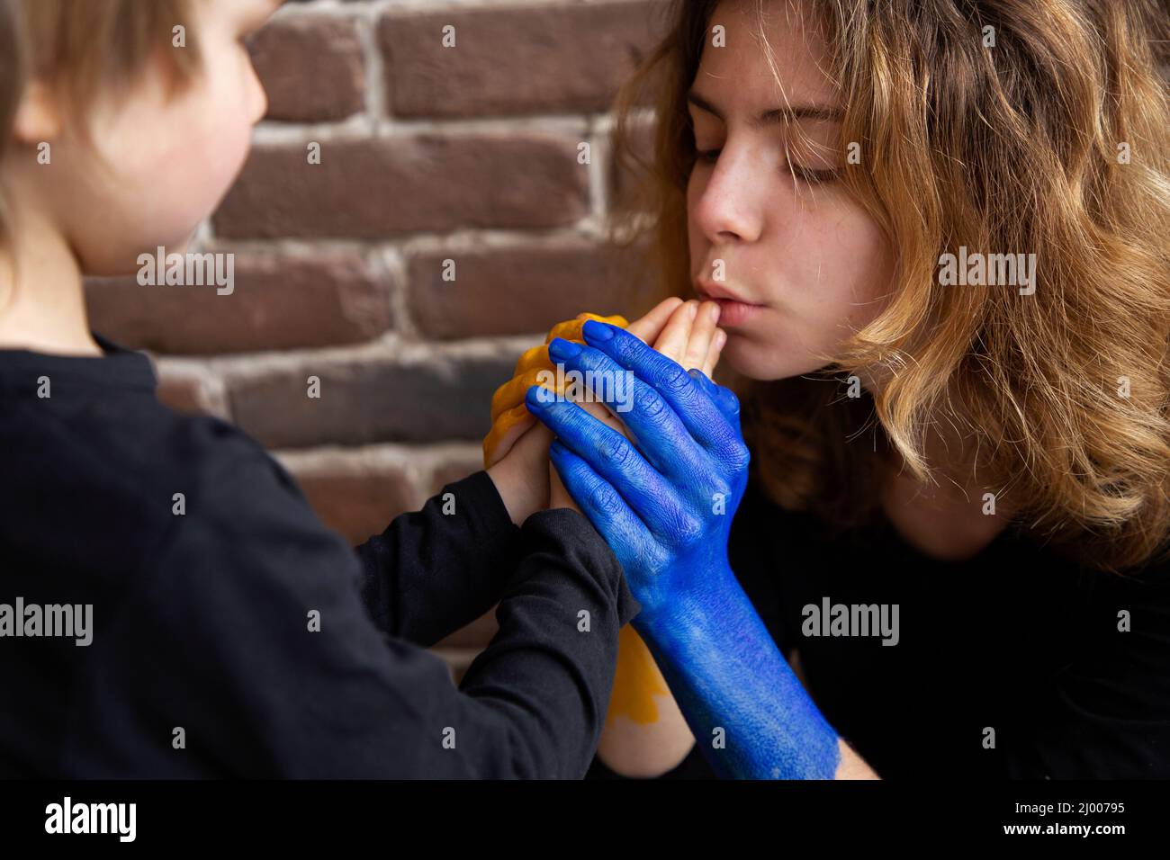 Portrait Hands Torso Woman Blue White Stock Photo 1574009215