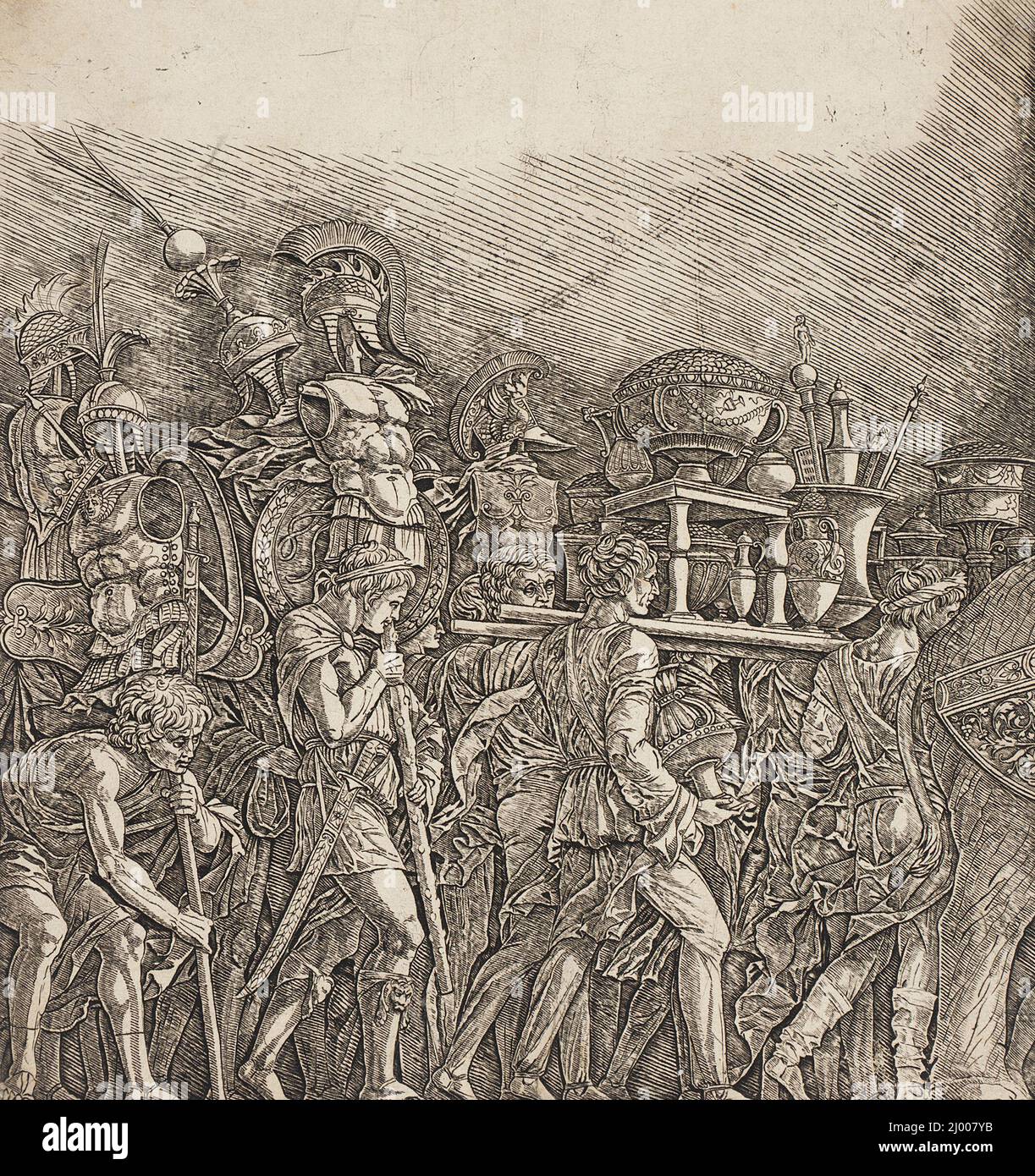 Soldiers Carrying Trophies. Mantegna, Andrea (Italy, Isola di Cartura, 1431-1506). Italy, 1470-1500. Prints; engravings. Engraving Stock Photo