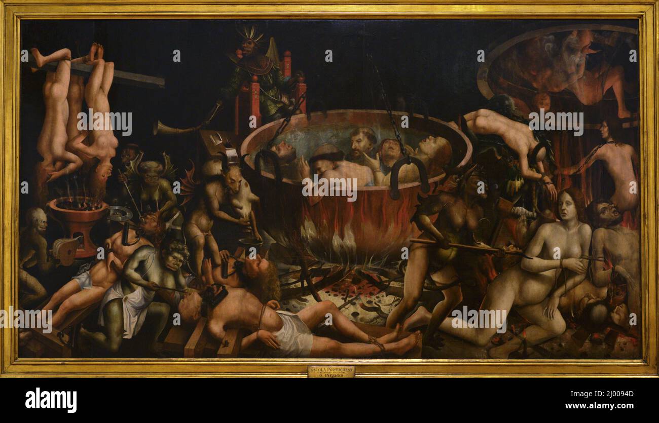 'The Hell'. Unknown master. Oil on oak panel, 1510-1520 (119 x 217,5 cm). From a convent abolished in 1834. National Museum of Ancient Art. Lisbon, Portugal. Stock Photo